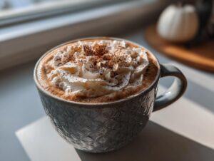 A close-up of a creamy Pumpkin Spice Latte topped with whipped cream and a sprinkle of cinnamon in a textured mug.