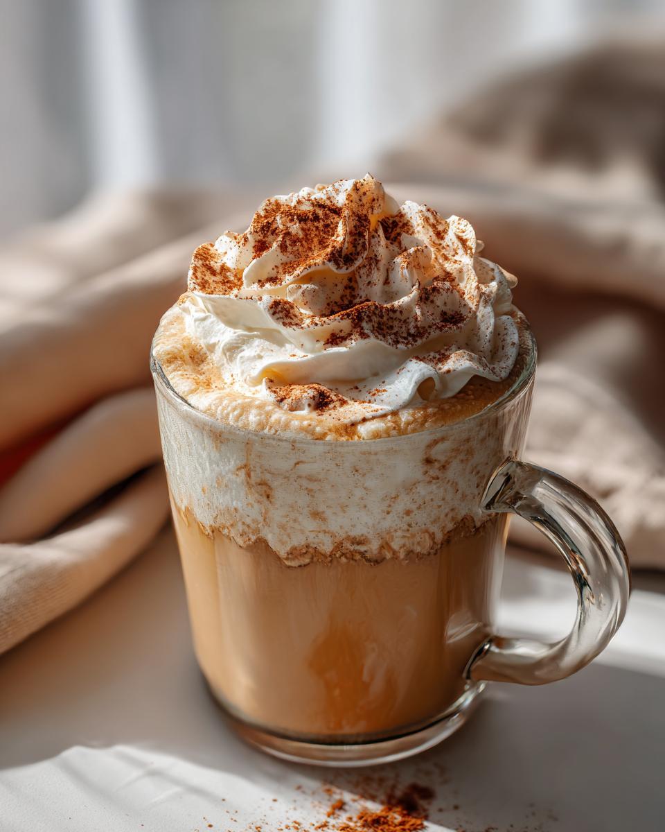 A close-up of a creamy Pumpkin Spice Latte topped with whipped cream and a sprinkle of cinnamon.