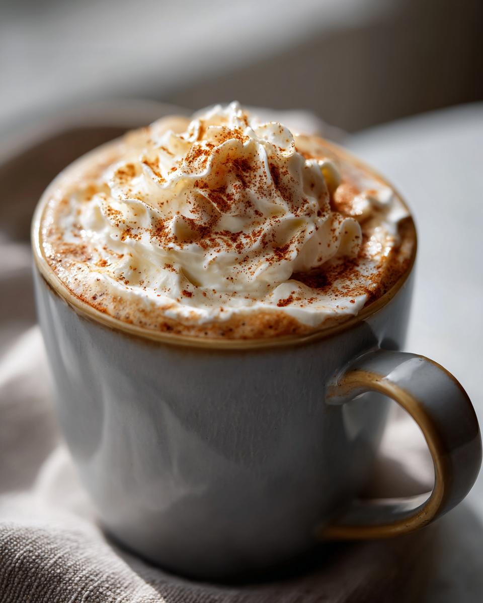 A close-up of a creamy Pumpkin Spice Latte topped with whipped cream and a sprinkle of cinnamon.
