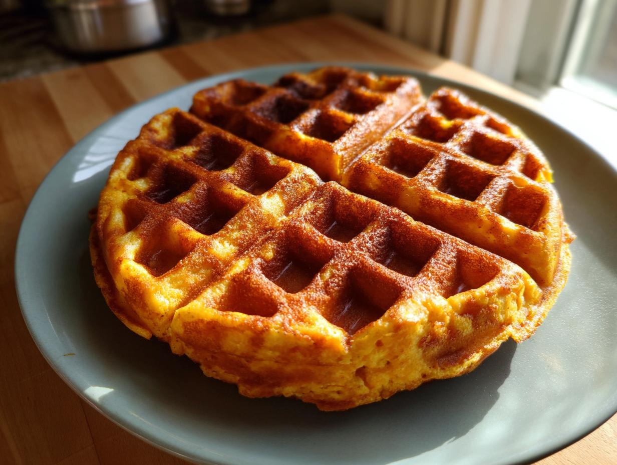 A close-up of a perfectly golden pumpkin waffle on a grey plate, ready to be enjoyed.