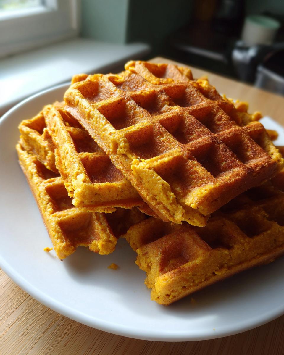 A close-up of a stack of golden-brown pumpkin waffles on a white plate, perfect for a cozy fall breakfast.