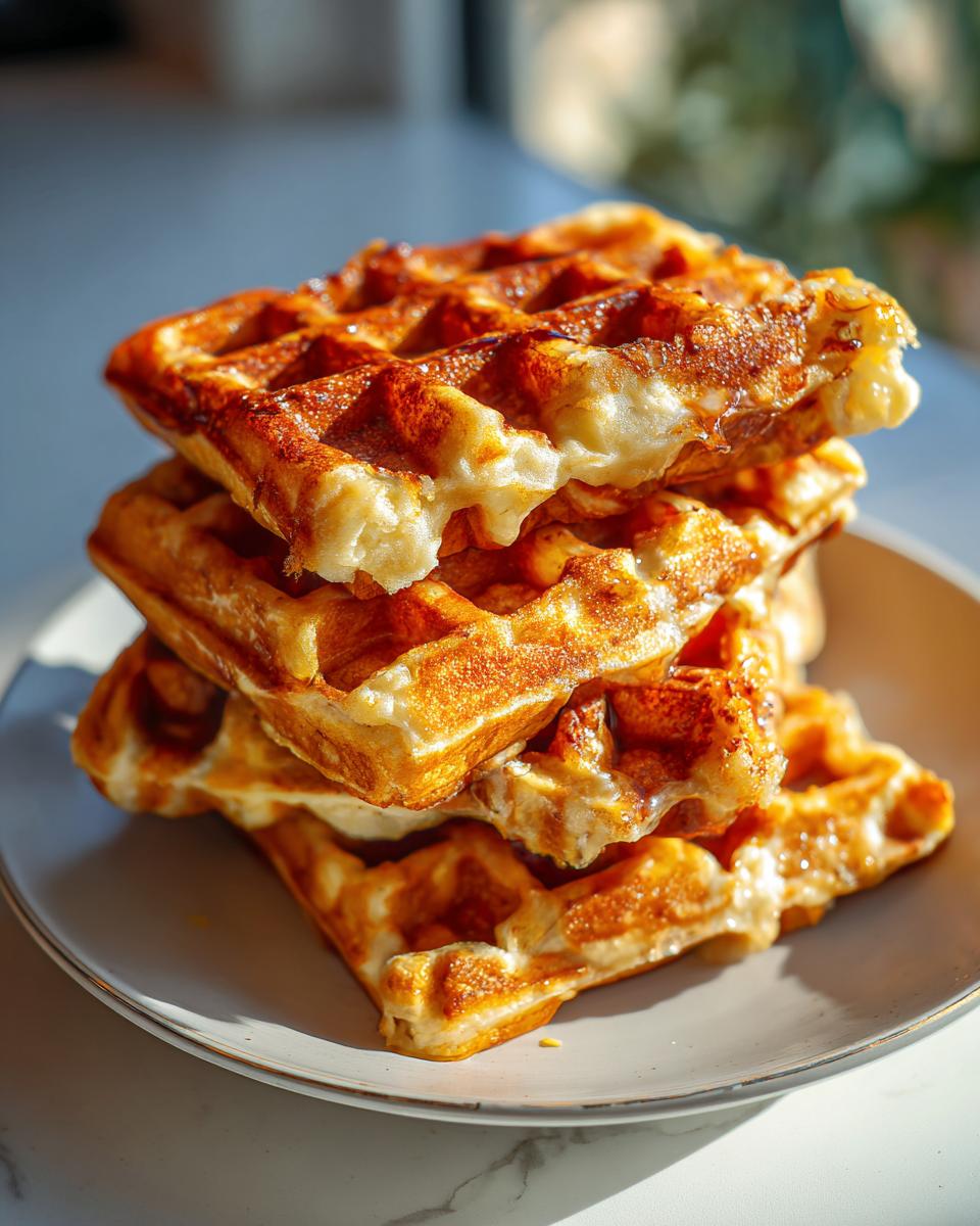 A close-up shot of a stack of golden brown pumpkin waffles on a plate, glistening with syrup.