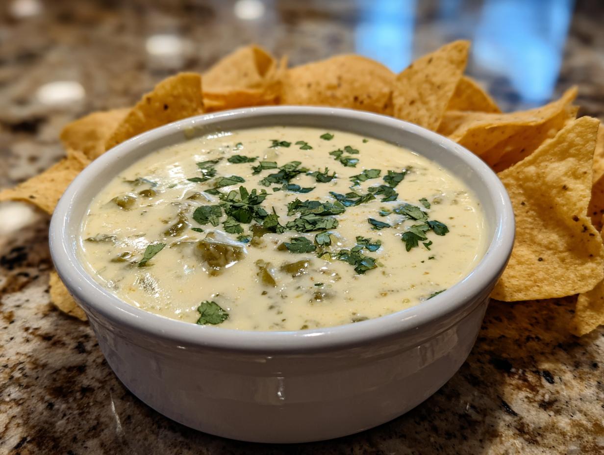 A bowl of creamy Queso Blanco dip topped with fresh cilantro, served with tortilla chips.