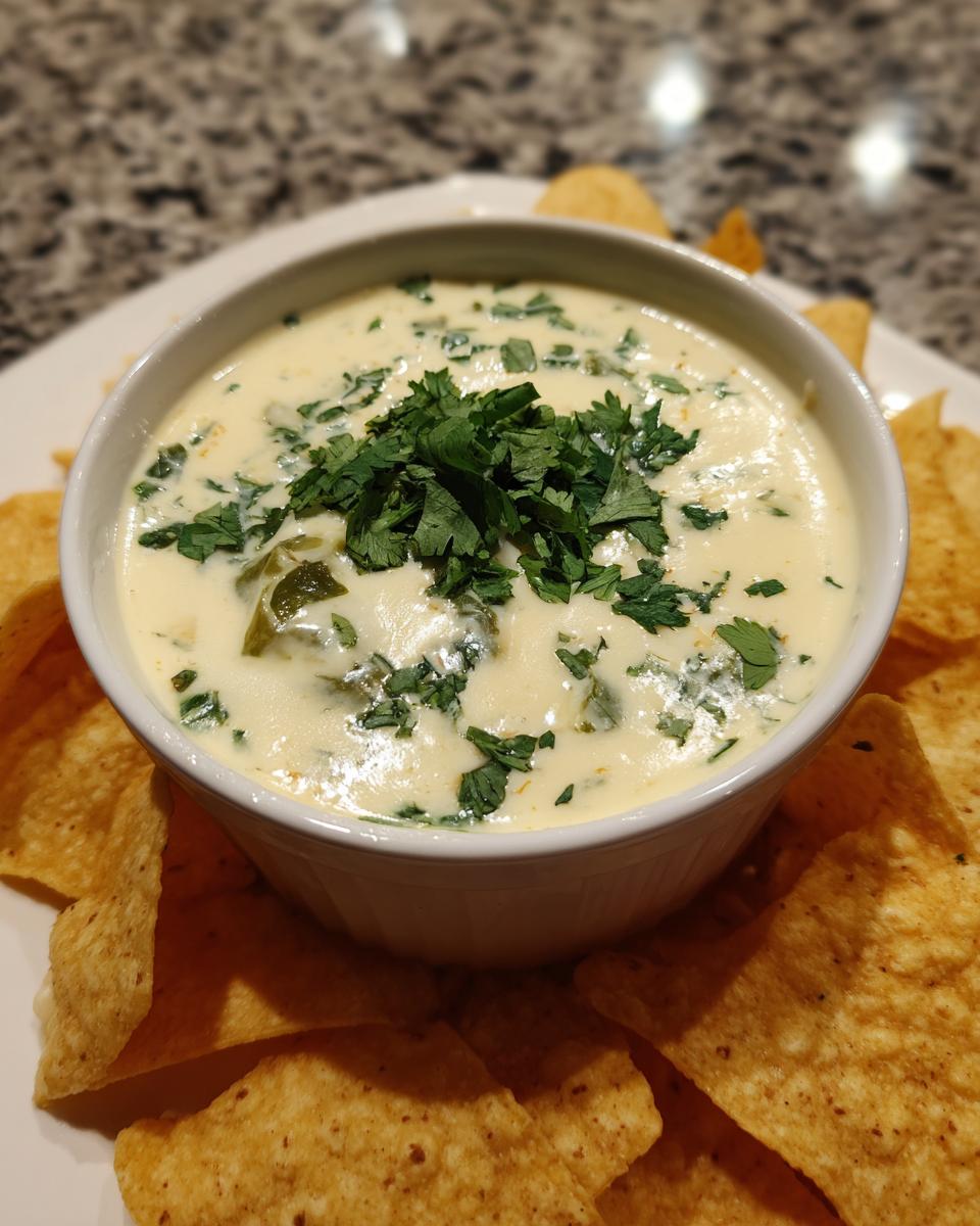 A bowl of creamy Queso Blanco dip topped with fresh cilantro and chopped jalapenos, surrounded by tortilla chips.