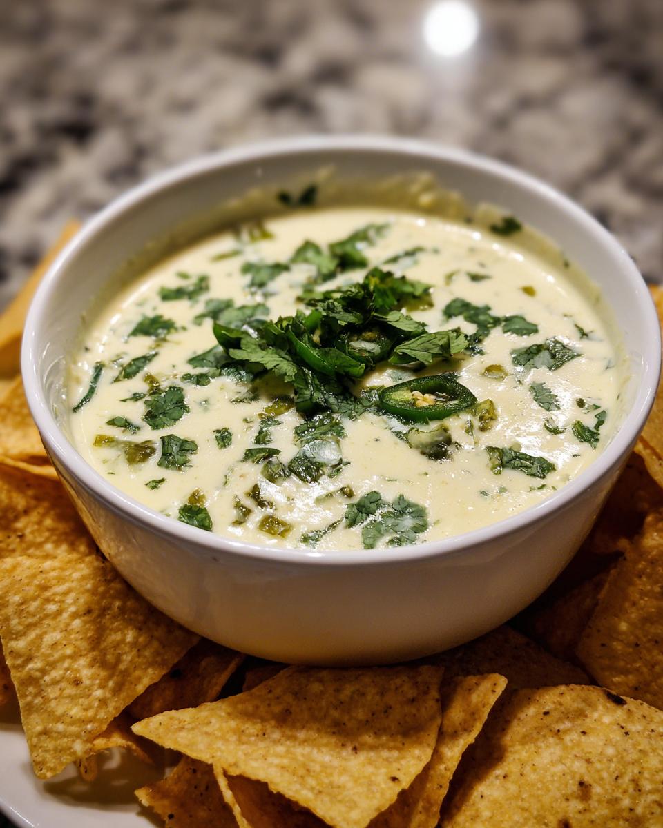 A bowl of creamy Queso Blanco dip topped with chopped cilantro and jalapeno slices, surrounded by tortilla chips.