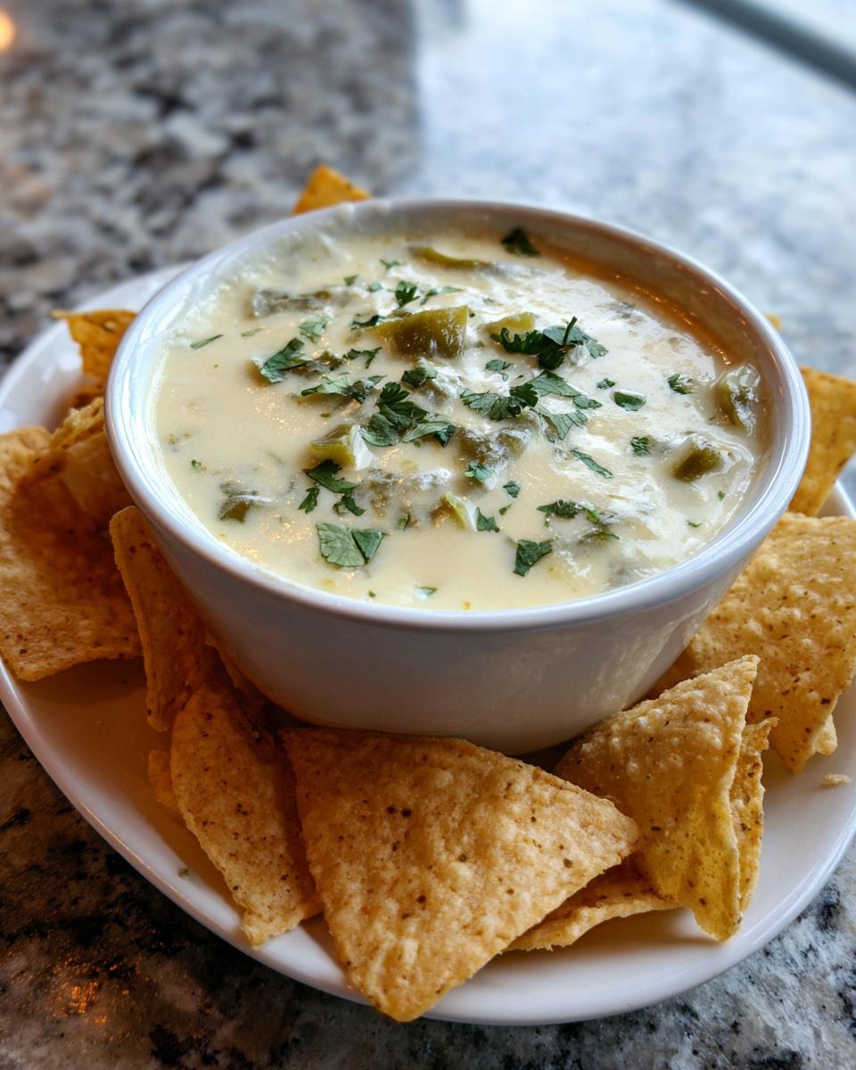 A bowl of creamy Queso Blanco dip topped with chopped green chiles and cilantro, surrounded by tortilla chips.