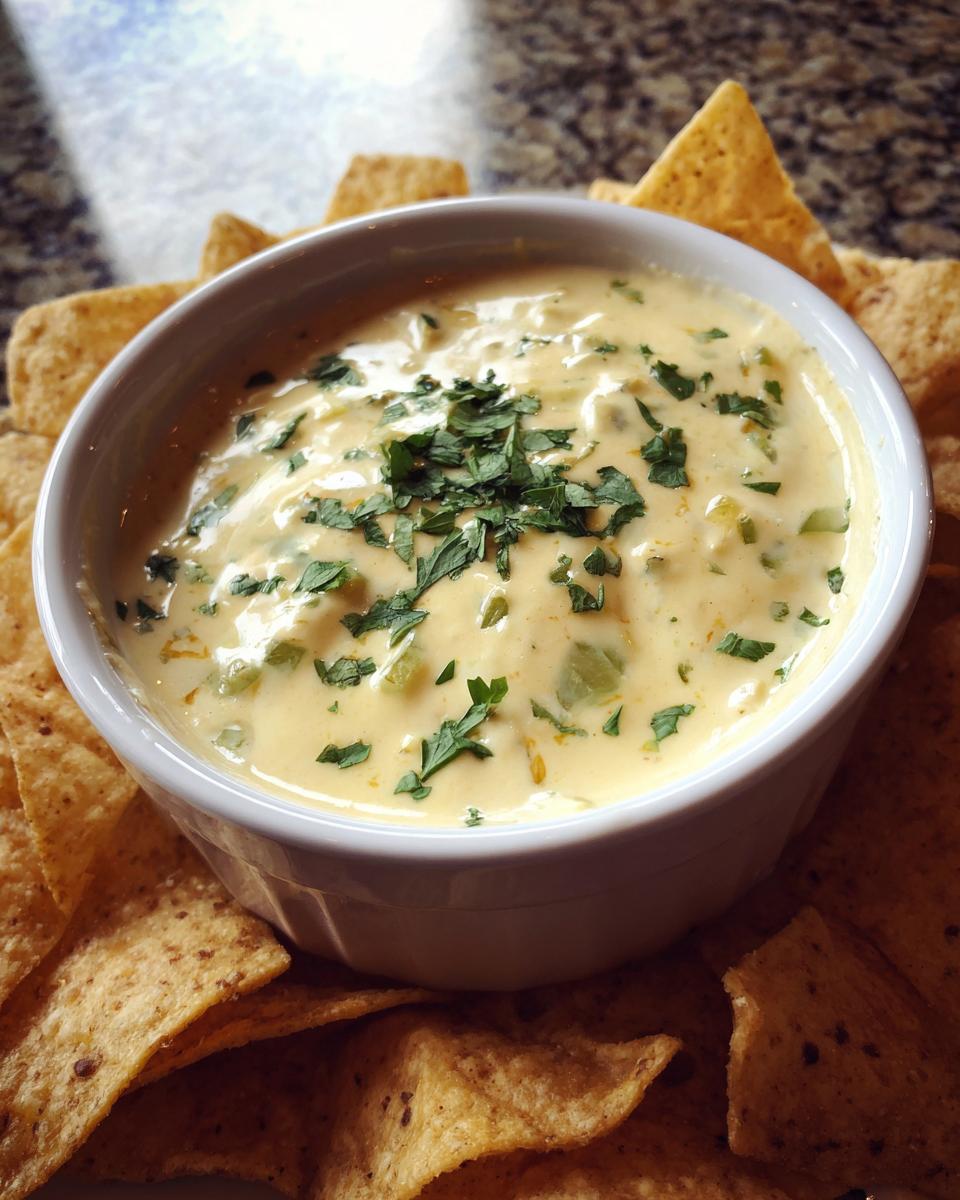 A bowl of creamy Queso Blanco dip garnished with fresh parsley, surrounded by tortilla chips.