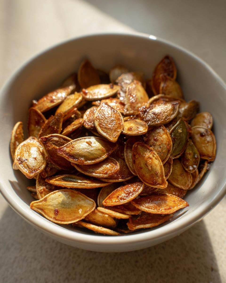 Close-up of a bowl filled with golden-brown, crispy roasted pumpkin seeds.