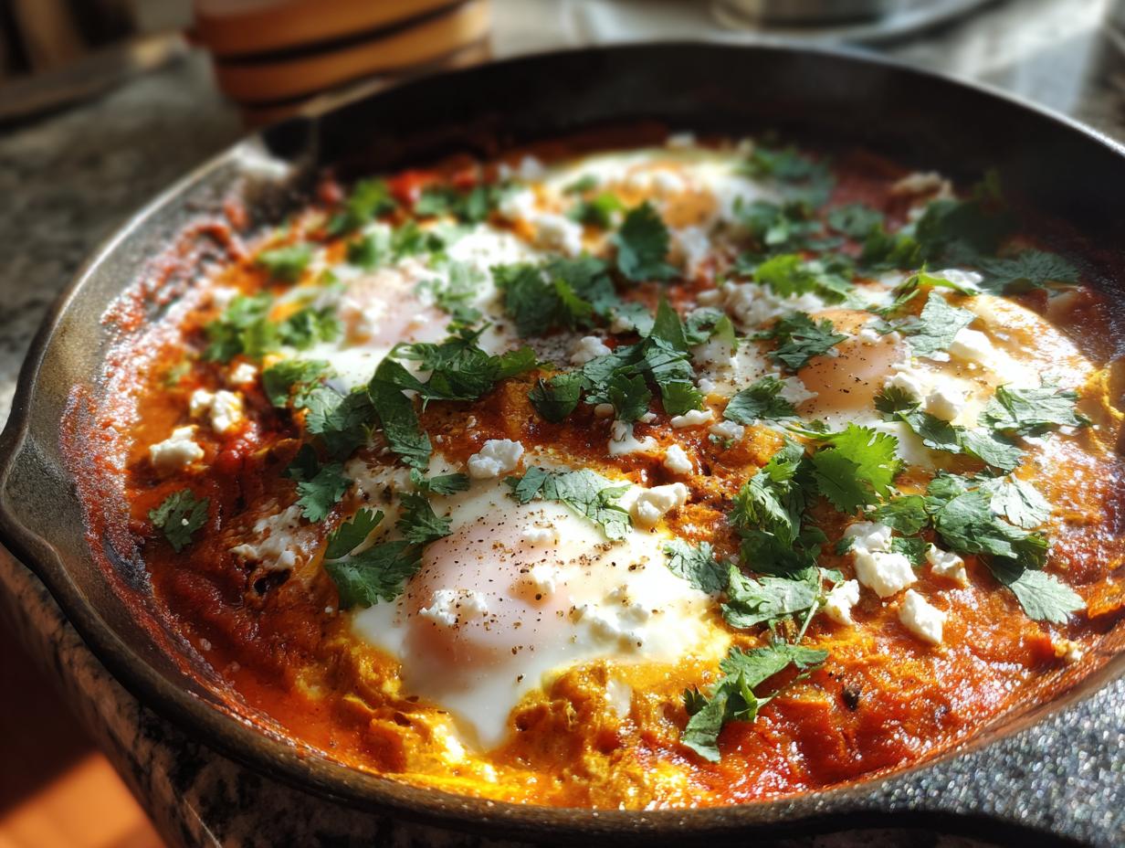 A close-up of a cast-iron skillet filled with vibrant Shakshuka, featuring perfectly poached eggs, crumbled feta, and fresh cilantro.