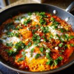 A close-up of a pan of Shakshuka with six perfectly cooked eggs, topped with fresh parsley and crumbled feta cheese.