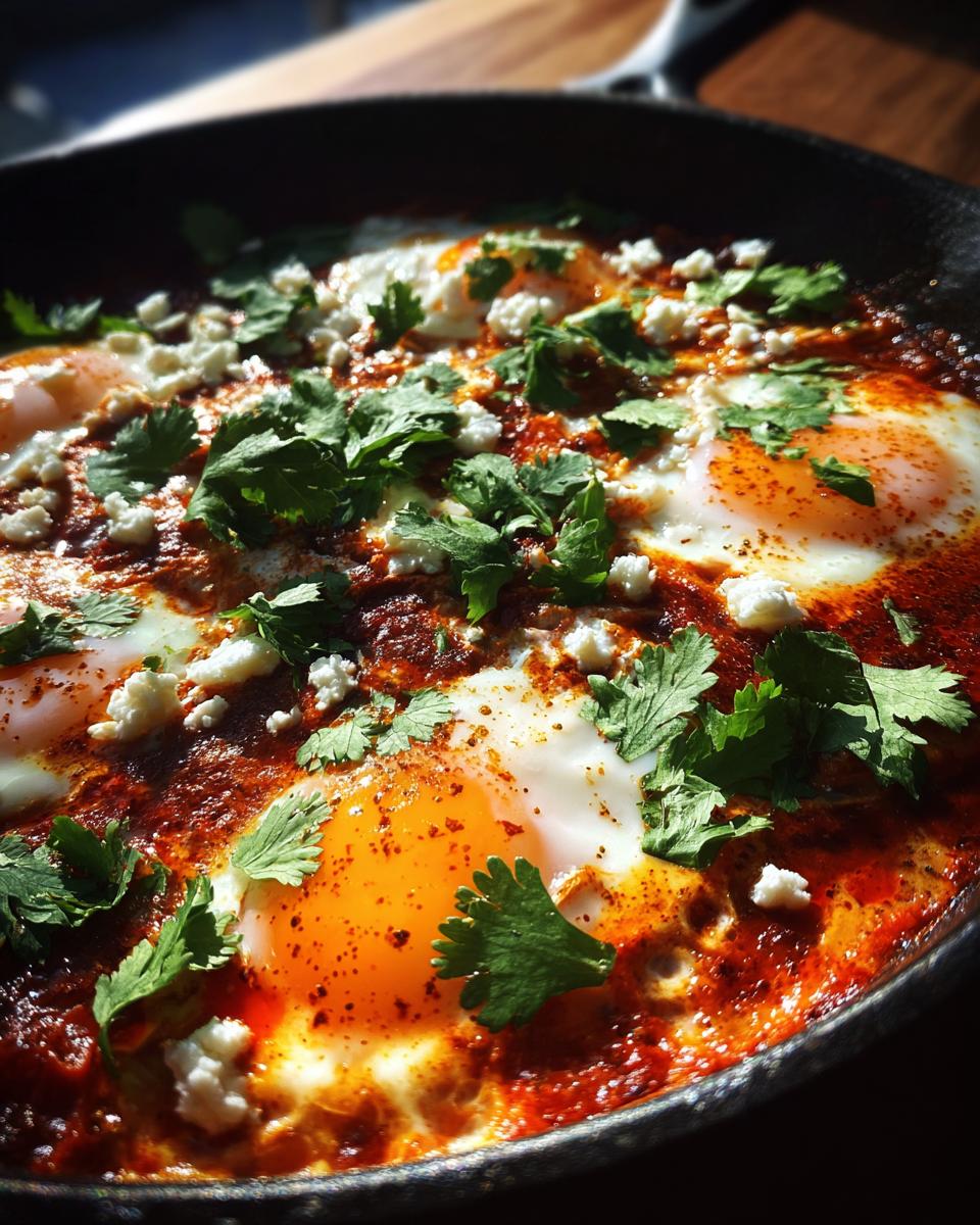 A close-up view of a cast-iron skillet filled with delicious Shakshuka, featuring perfectly cooked eggs with runny yolks, rich tomato sauce, crumbled feta, and fresh cilantro.