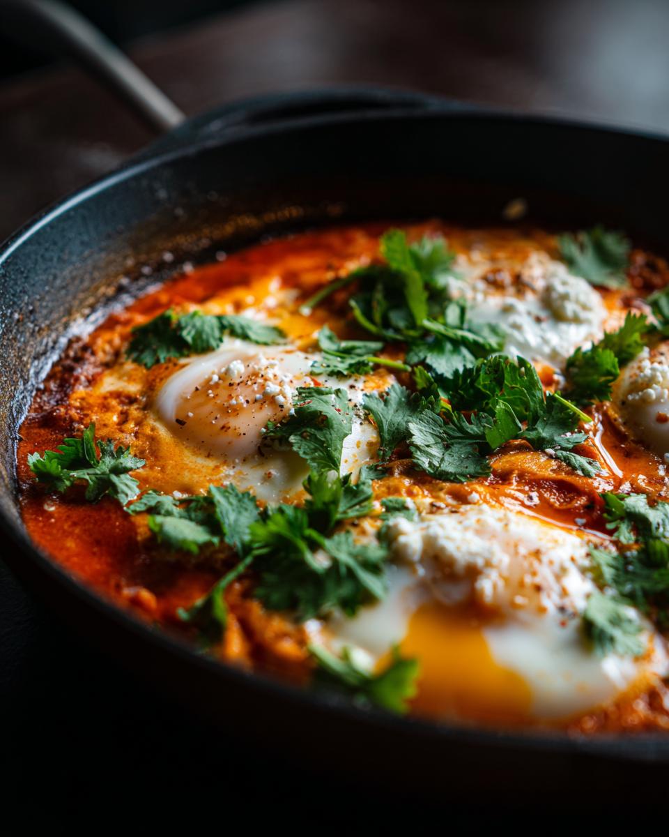 Close-up of a pan of Shakshuka with six perfectly poached eggs, topped with fresh cilantro and crumbled feta.