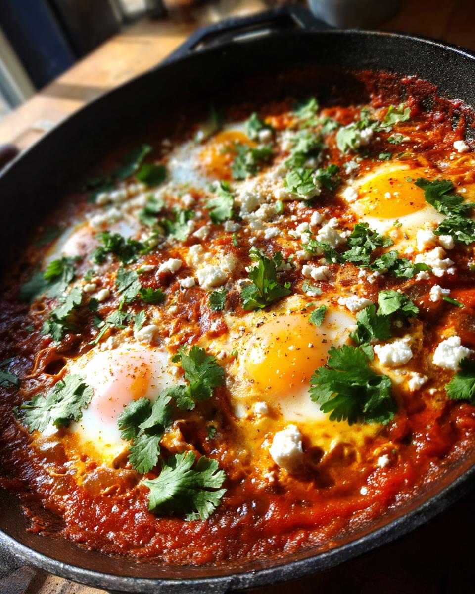 A close-up of a skillet filled with vibrant Shakshuka, featuring six perfectly cooked eggs with runny yolks, topped with crumbled feta and fresh cilantro.
