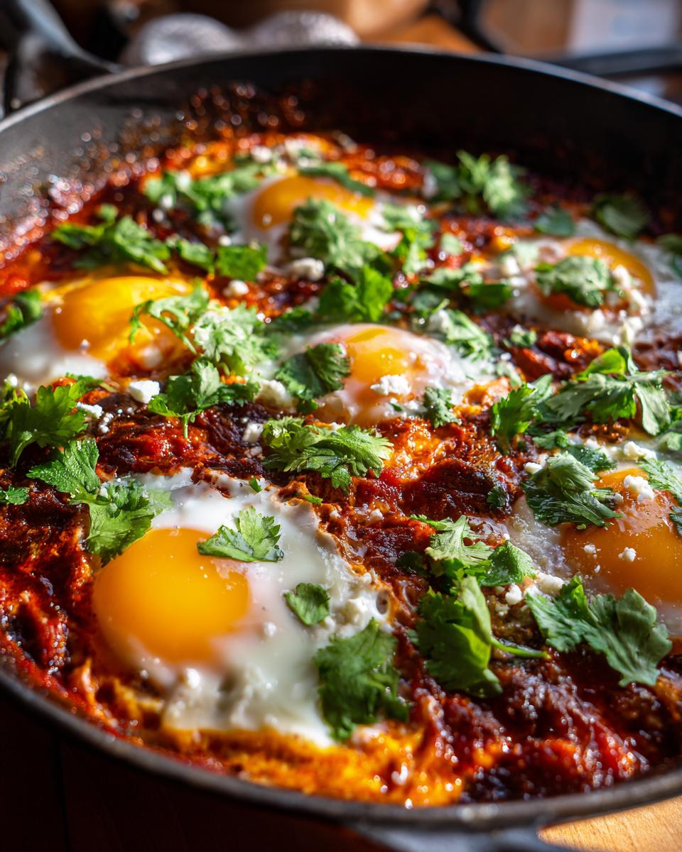 Close-up of a skillet filled with vibrant Shakshuka, featuring six perfectly cooked eggs with runny yolks, topped with fresh cilantro and crumbled feta.