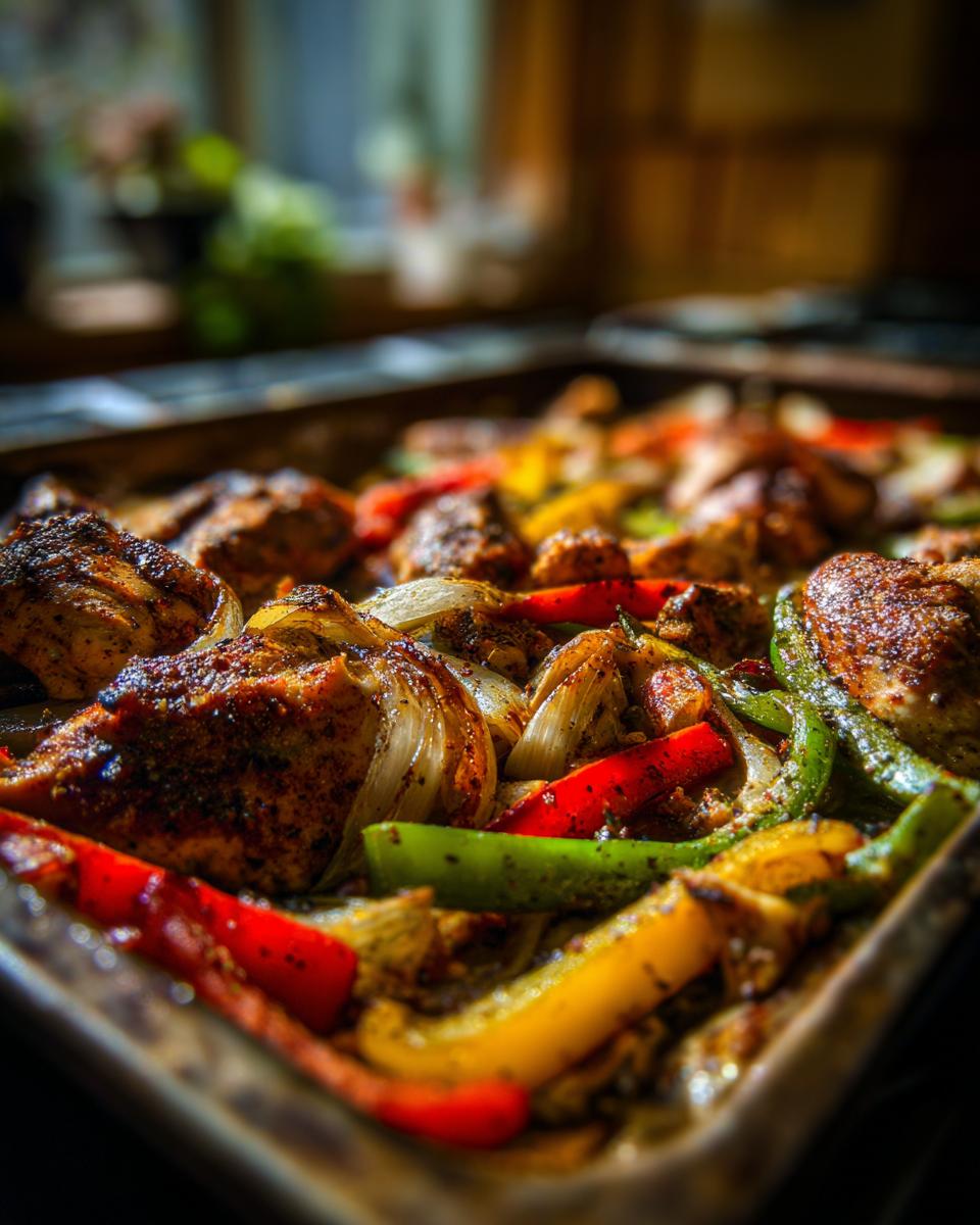 Close-up of seasoned chicken pieces and colorful bell peppers and onions on a baking sheet for sheet pan chicken fajitas.