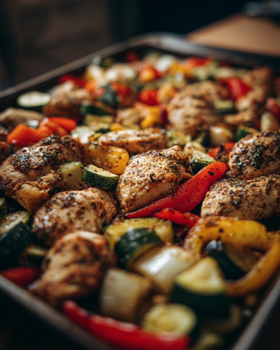 Close-up of seasoned chicken pieces and colorful bell peppers, zucchini, and onions on a sheet pan, ready for sheet pan chicken fajitas.
