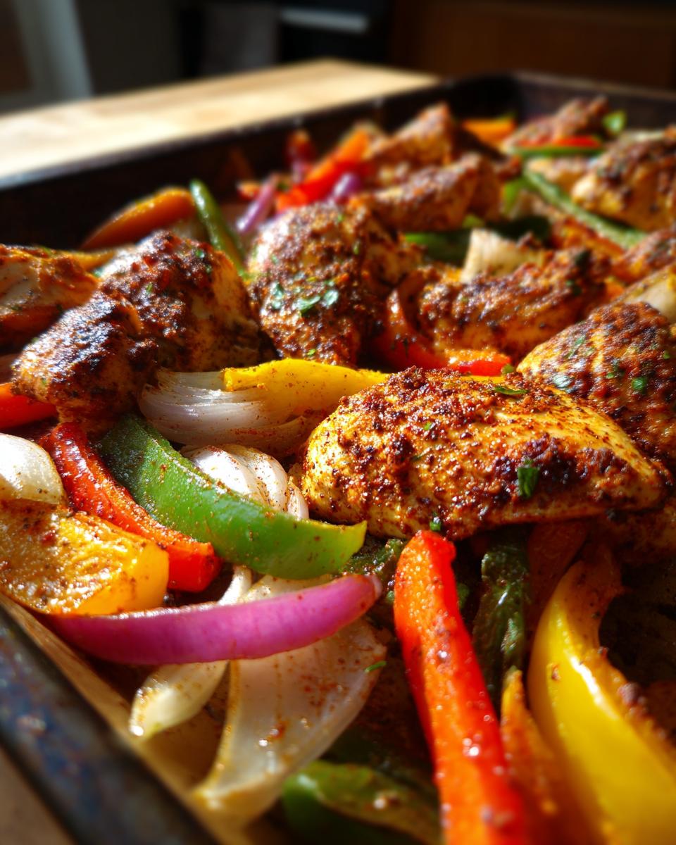 Close-up of seasoned chicken pieces and colorful bell peppers and onions on a baking sheet, ready for sheet pan chicken fajitas.