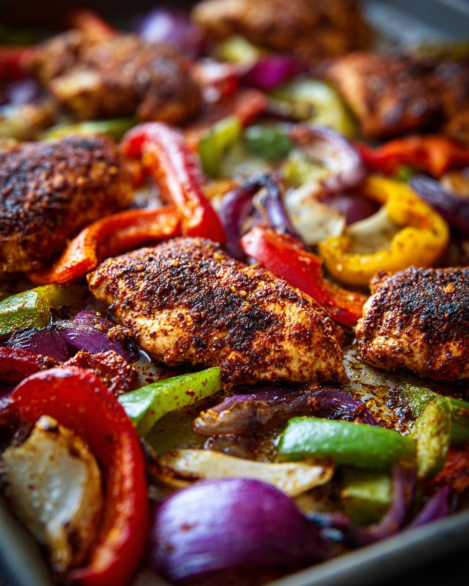 Close-up of seasoned chicken pieces and colorful bell peppers and red onions on a sheet pan, ready for sheet pan chicken fajitas.