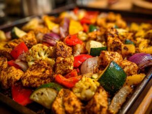 Close-up of colorful sheet pan chicken fajitas with chicken, bell peppers, onions, zucchini, and cauliflower.