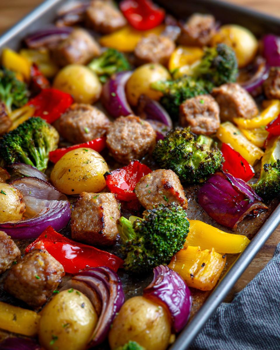 A close-up view of a sheet pan filled with sausage, broccoli, red onion, bell peppers, and potatoes.