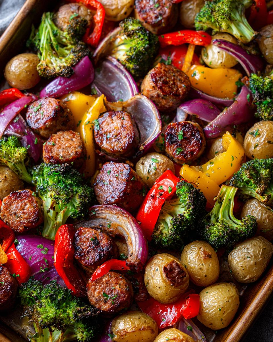 A close-up view of a sheet pan sausage and vegetables dinner, featuring browned sausage, broccoli, red onion, bell peppers, and potatoes.