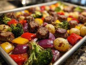 A close-up view of a sheet pan filled with roasted sausage, broccoli, red and yellow bell peppers, red onion, and potatoes.