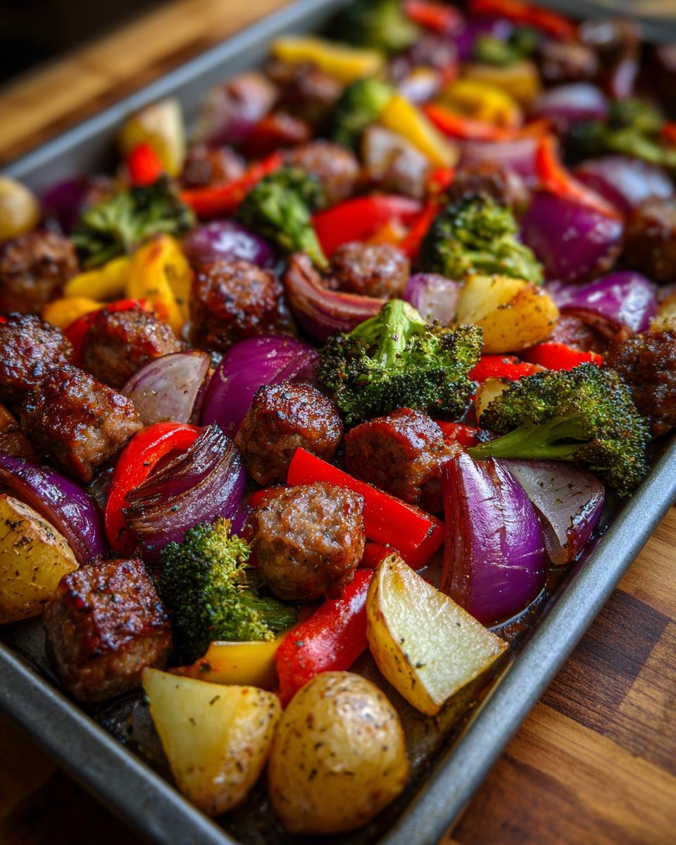 A close-up view of a sheet pan filled with roasted sausage, broccoli, red onion, bell peppers, and potatoes.