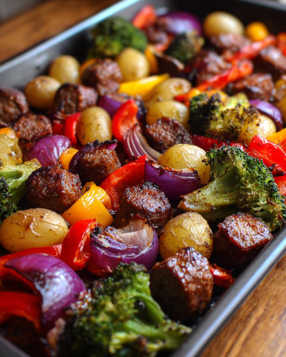 A close-up view of a sheet pan filled with roasted sausage, broccoli, red onion, bell peppers, and potatoes.