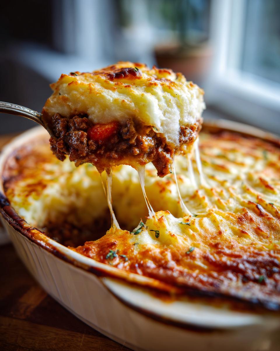 A spoonful of cheesy Shepherd's Pie being lifted from a casserole dish, showing melted cheese strings.