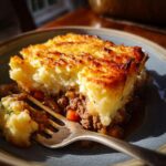 A close-up of a hearty Shepherd's Pie slice on a plate, featuring a golden-brown mashed potato topping and a rich meat filling.