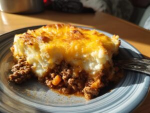 A close-up of a hearty slice of Shepherd's Pie, featuring a rich meat filling topped with fluffy mashed potatoes and melted golden cheese.