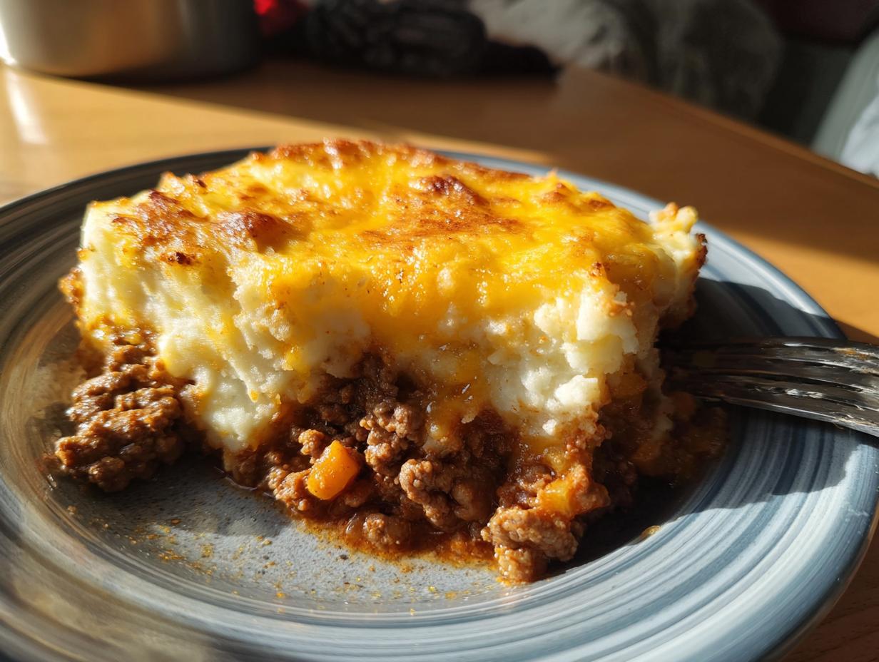 A close-up of a hearty slice of Shepherd's Pie, featuring a rich meat filling topped with fluffy mashed potatoes and melted golden cheese.