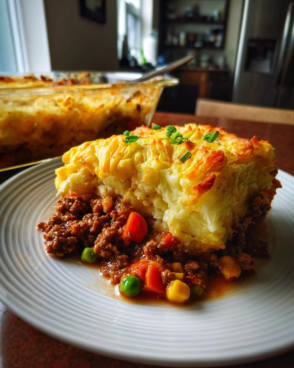 A hearty slice of Shepherd's pie on a white plate, featuring a rich meat and vegetable filling topped with golden mashed potatoes.
