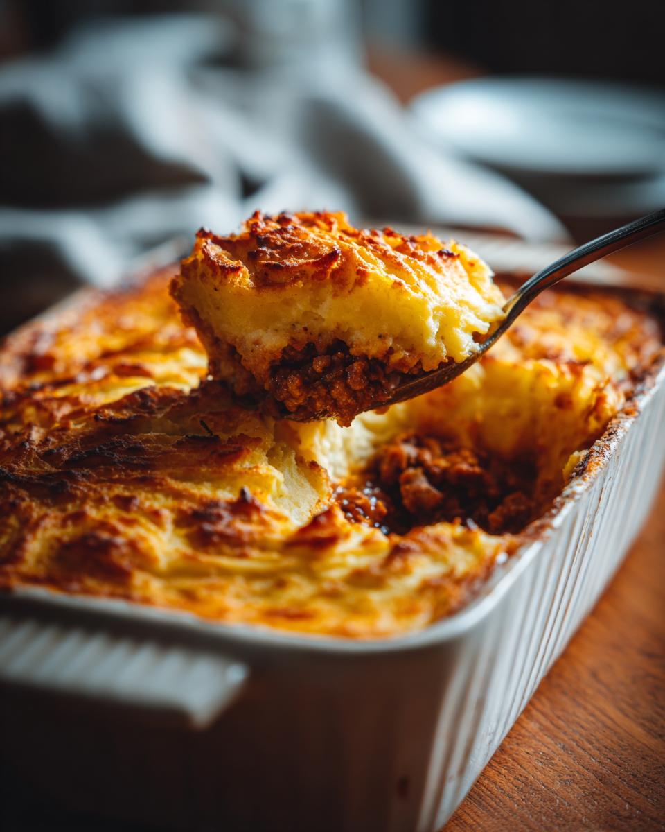 A spoonful of golden-brown Shepherd's Pie being lifted from a white baking dish, revealing the savory meat filling.