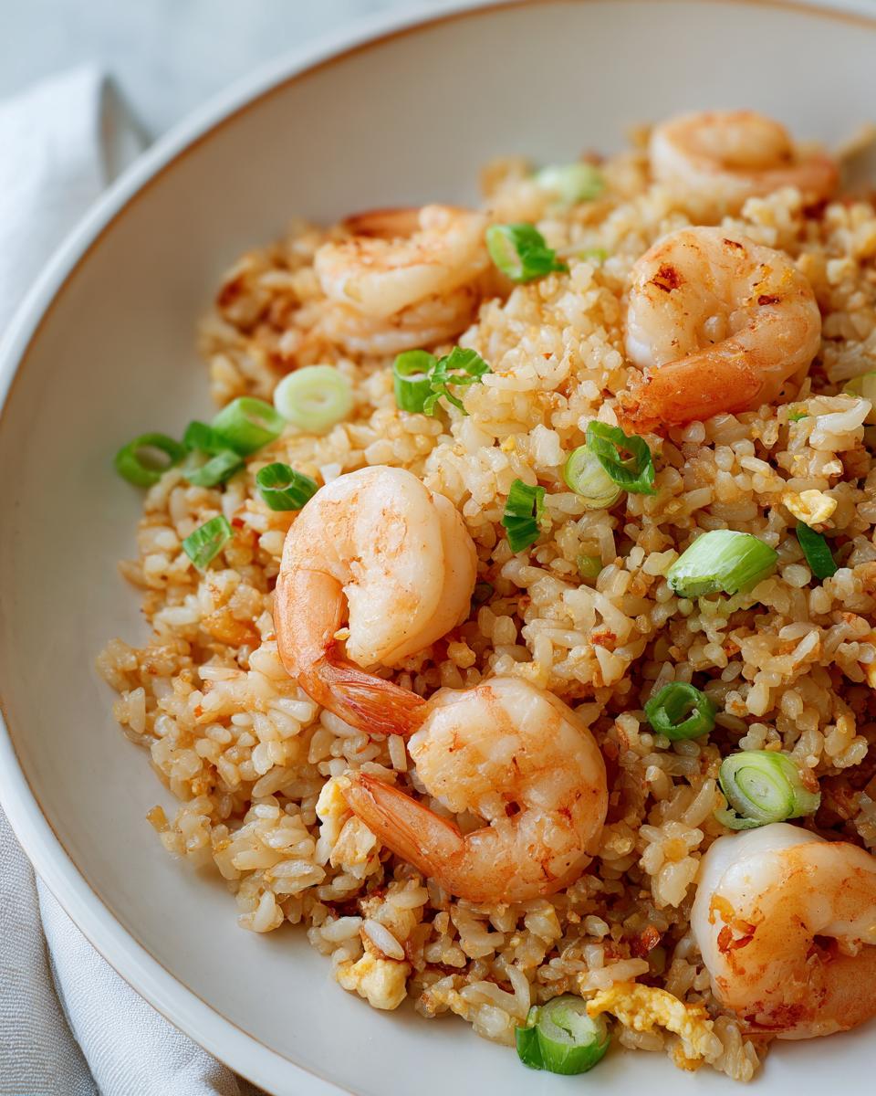 A close-up of delicious shrimp fried rice, topped with succulent shrimp and green onions.