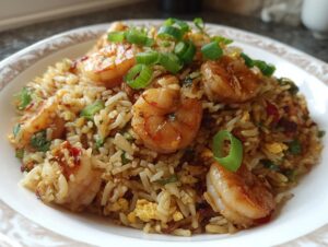 A close-up of a bowl of delicious shrimp fried rice, garnished with chopped green onions.