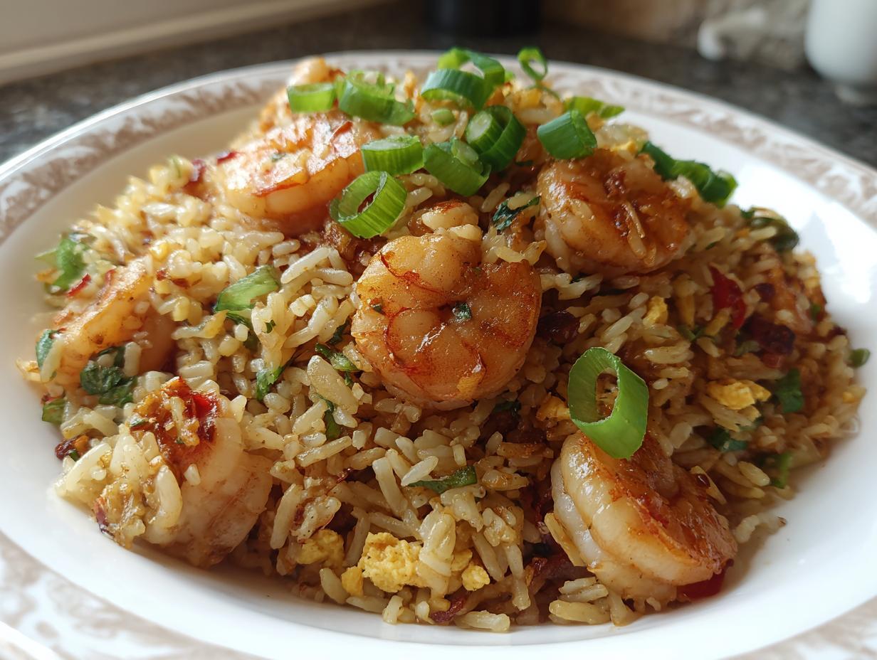 A close-up of a bowl of delicious shrimp fried rice, garnished with chopped green onions.