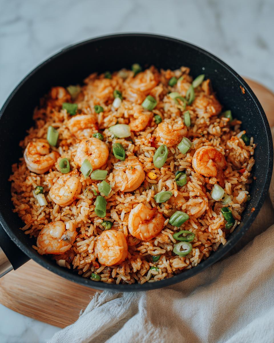 A close-up of a pan filled with flavorful shrimp fried rice, garnished with chopped green onions.