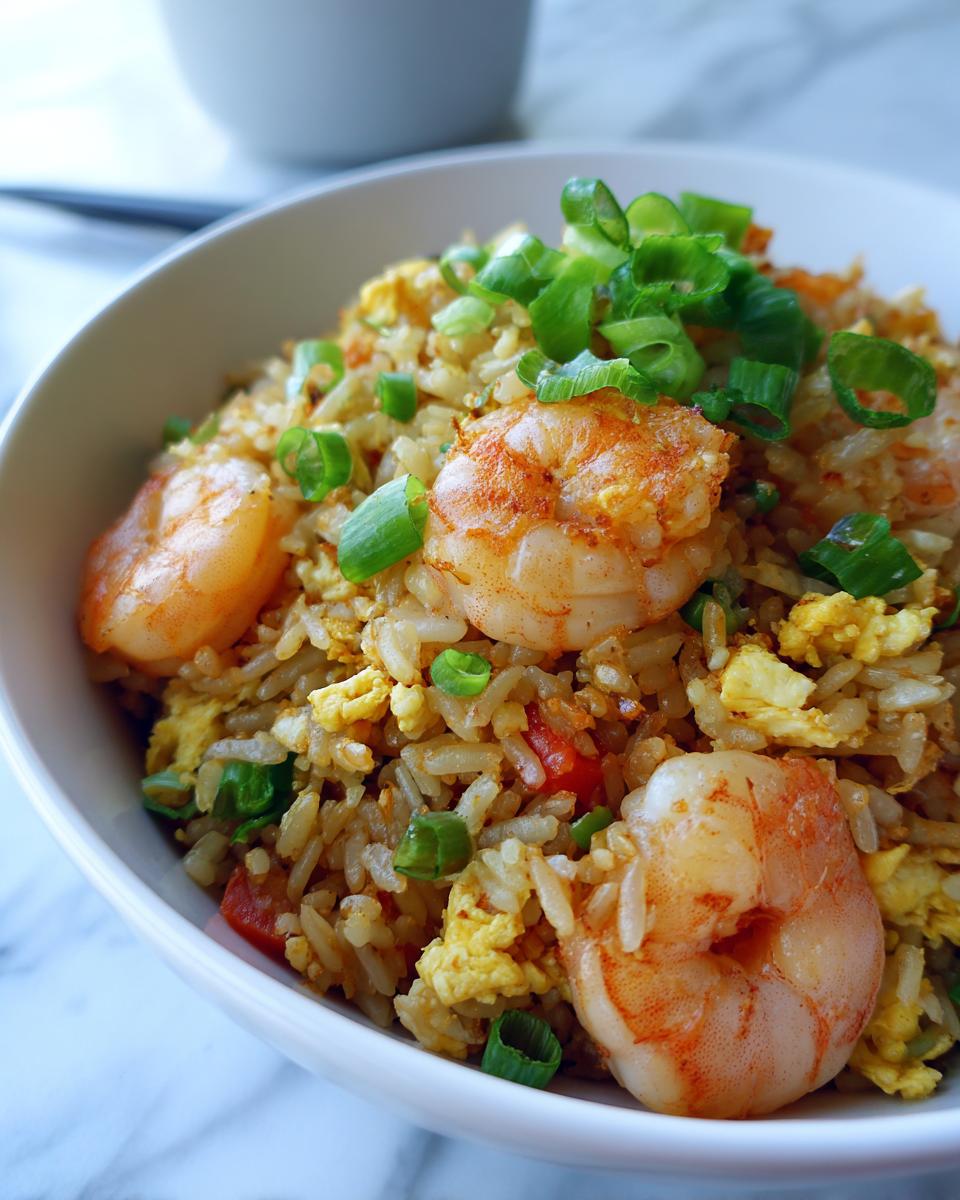 A close-up of delicious shrimp fried rice, topped with fresh green scallions and plump shrimp.