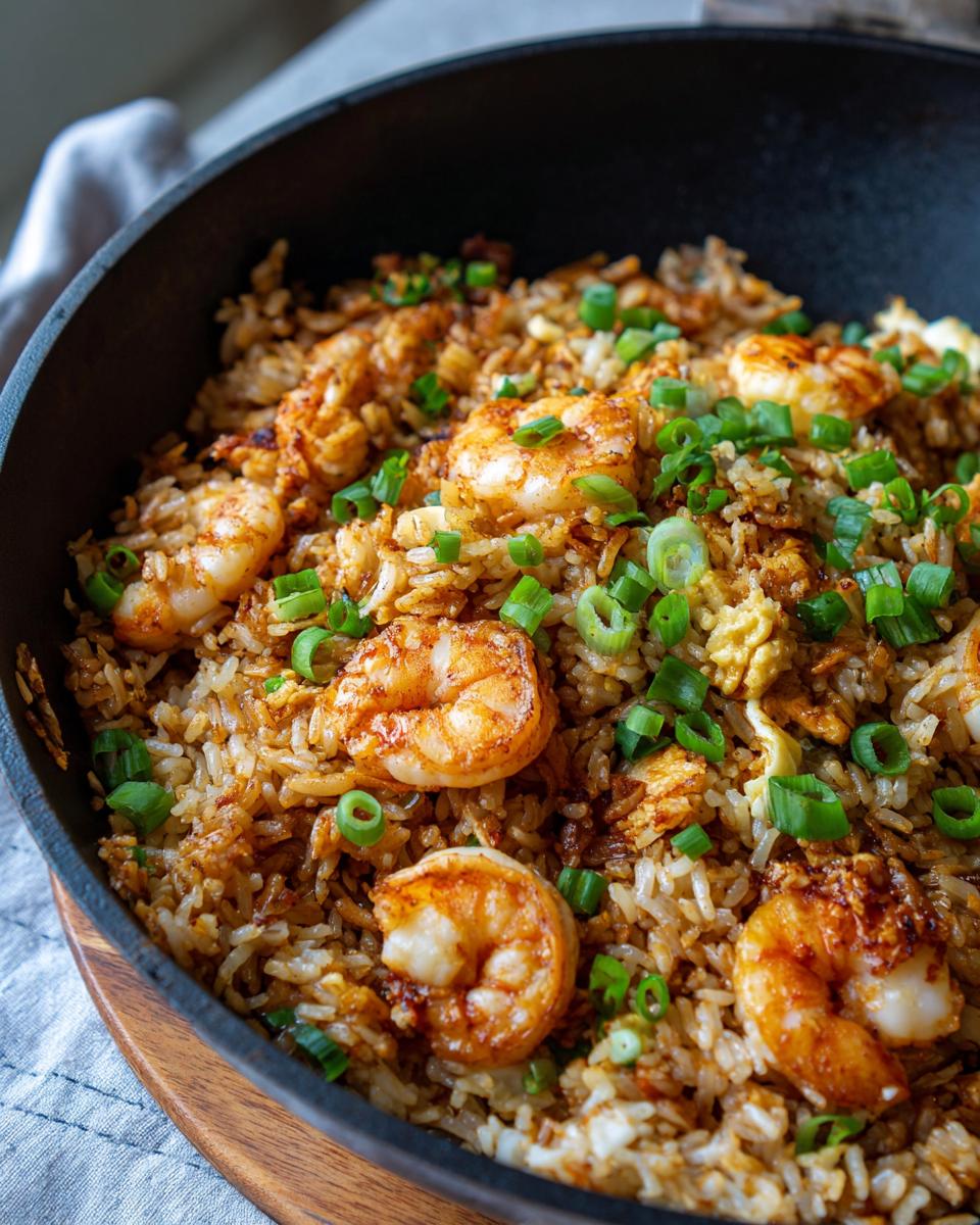 A close-up of delicious shrimp fried rice in a black wok, garnished with chopped green onions.