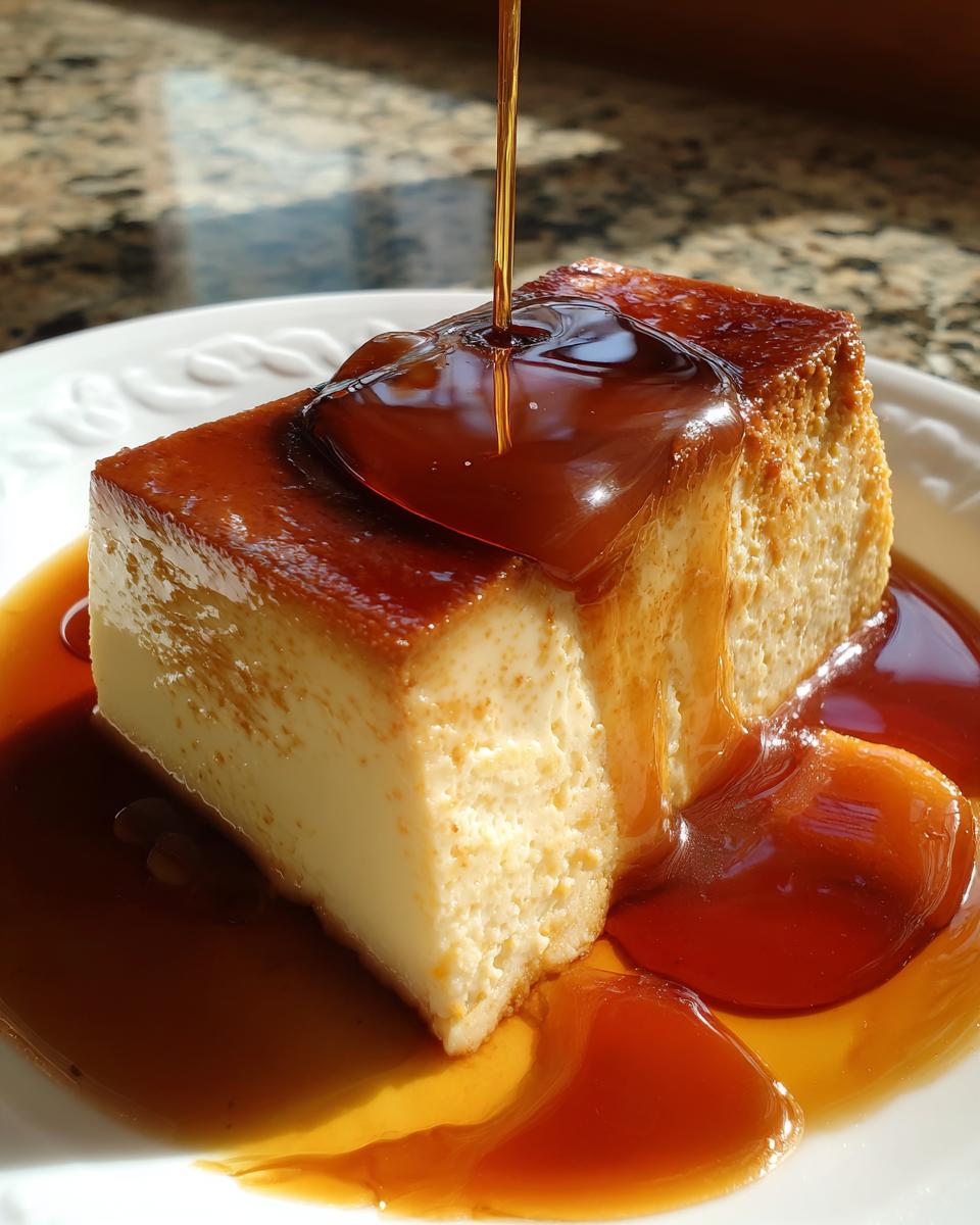 A slice of silky flan with a rich caramel sauce being drizzled over the top.