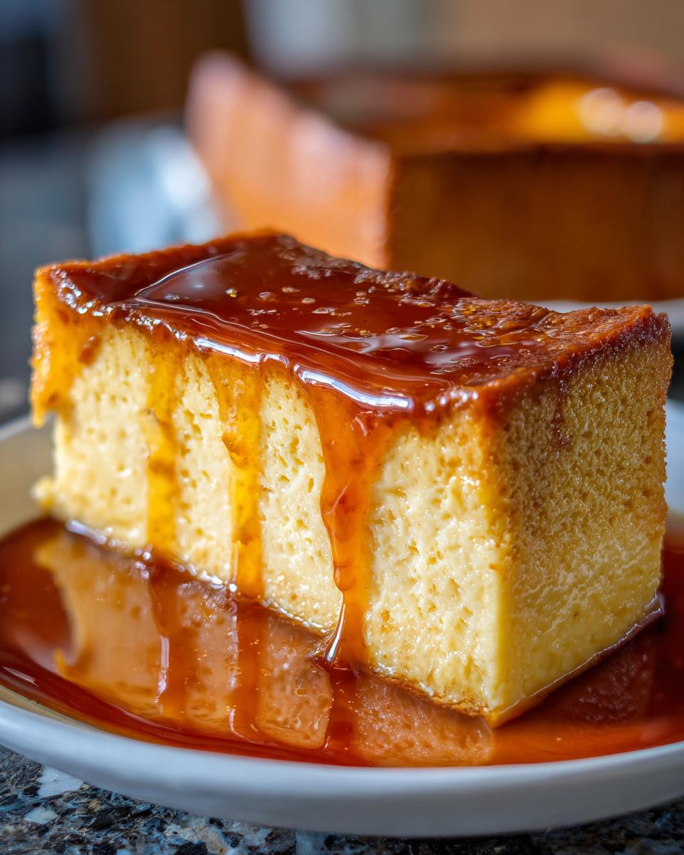 A close-up of a slice of silky flan, generously drizzled with golden caramel sauce.