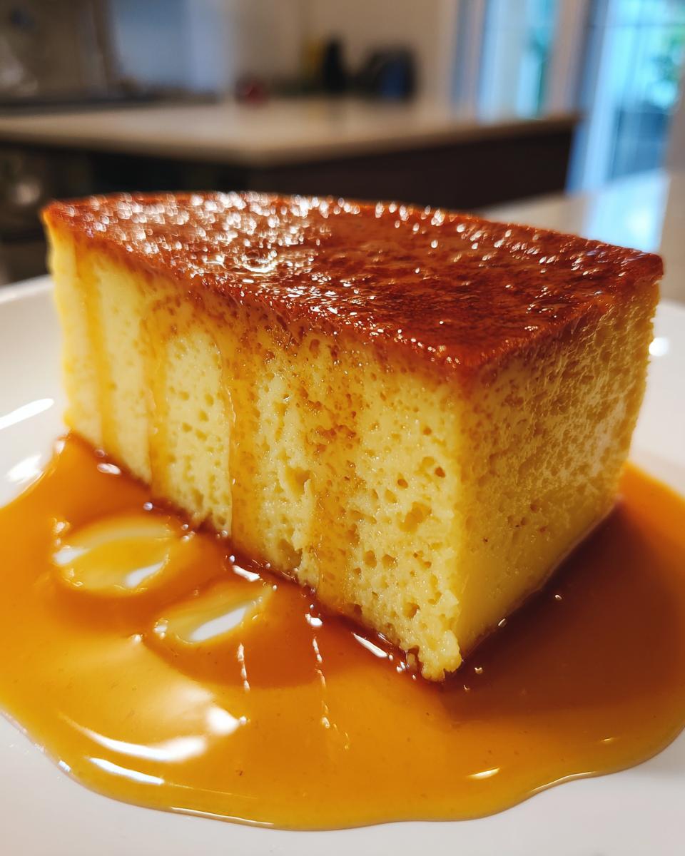 A perfect slice of silky flan, glistening with caramel sauce, ready to be enjoyed.