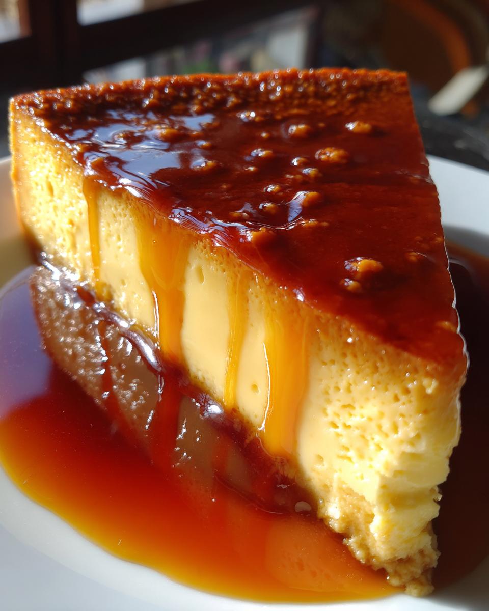 A perfect slice of silky flan, rich with caramel sauce dripping down the sides.
