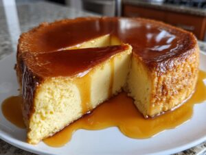A slice of silky flan with caramel sauce dripping down the sides.