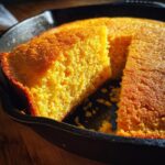 A close-up view of a golden, moist slice of skillet cornbread, freshly baked in a cast iron pan.