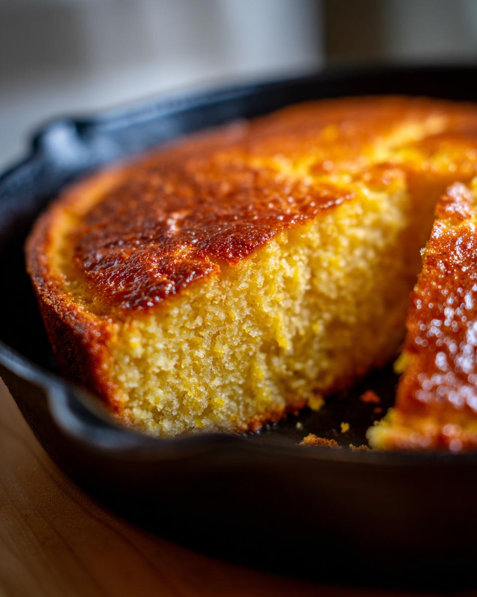 A close-up of a golden, moist slice of skillet cornbread in a cast iron pan.