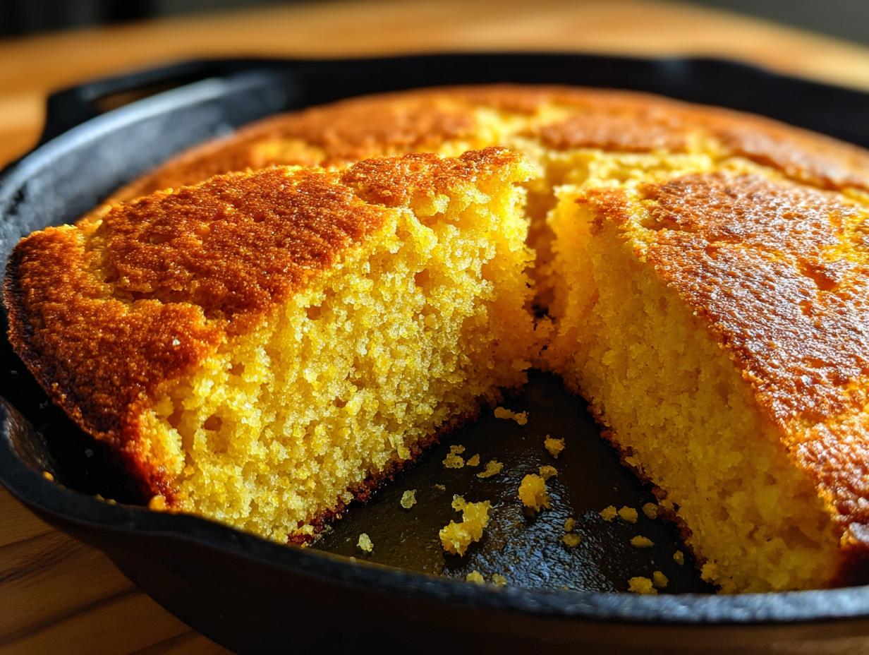 A close-up view of a golden-brown slice of skillet cornbread in a cast iron pan.