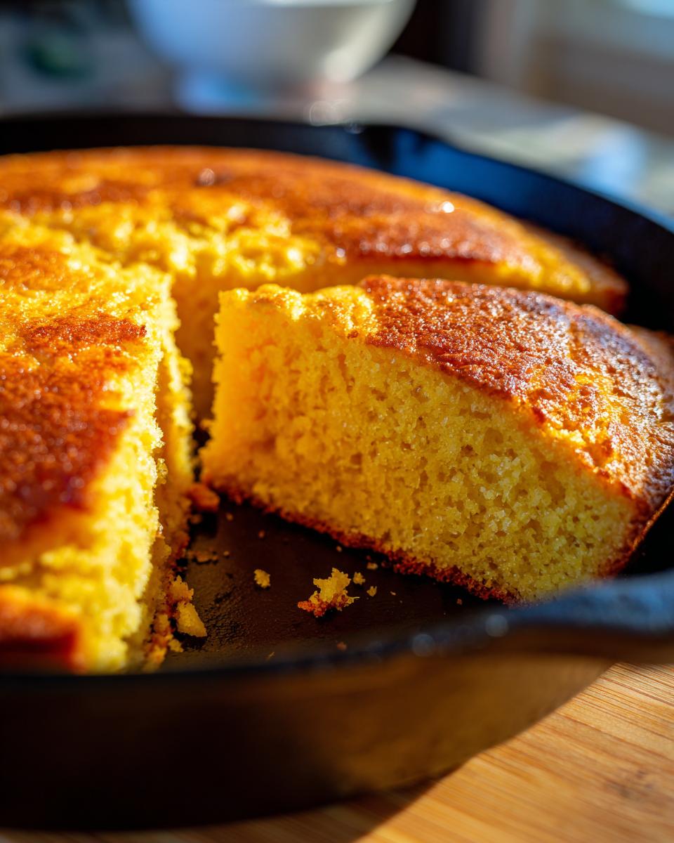 A close-up of a slice of golden skillet cornbread in a cast iron pan.