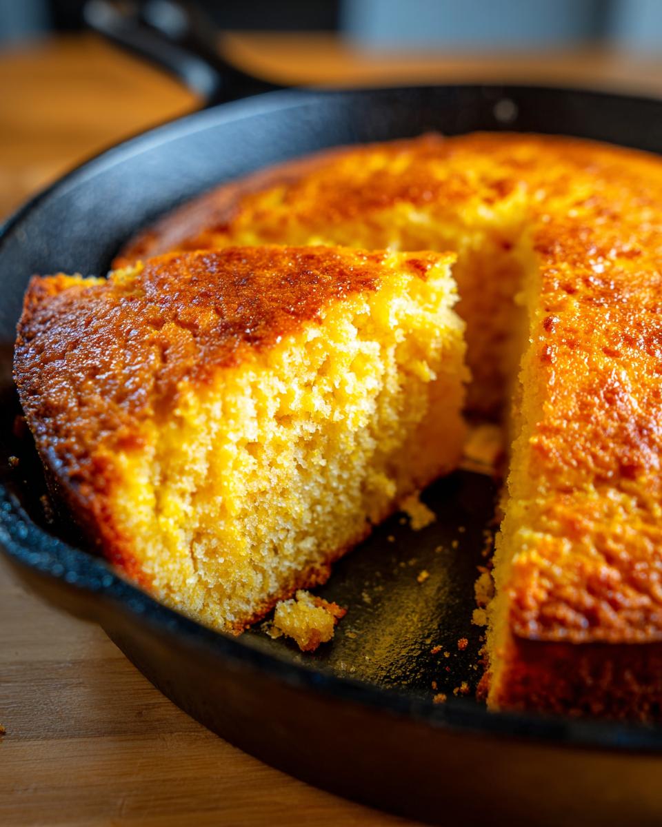 A close-up shot of a slice of golden skillet cornbread, showing its fluffy texture and browned crust.
